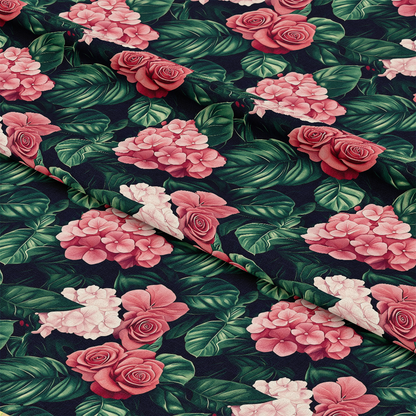 Pink Flowers and Tropical Leaves Pattern 11 Quilting Cotton Fabric