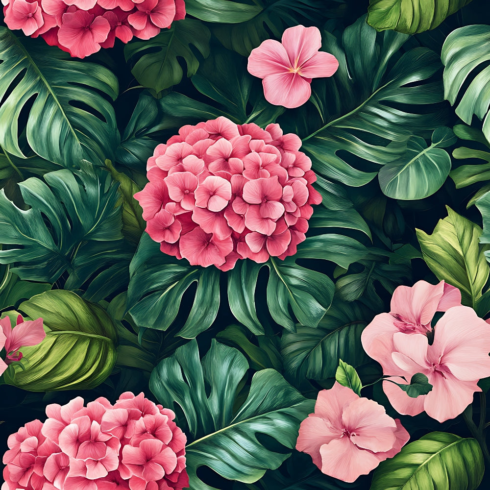 pink flowers, coral blooms, tropical leaves, monstera leaves, palm fronds, green foliage, floral pattern, botanical design, hibiscus flowers, hydrangea clusters, quilting cotton, fabric panel, tropical paradise, lush greenery, feminine florals, exotic plants, nature motif, vibrant pink, deep green, tropical garden