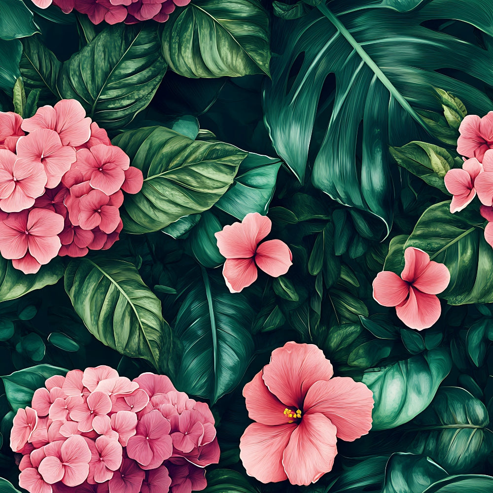 pink flowers, tropical leaves, hibiscus blooms, coral pink, deep green, emerald foliage, botanical pattern, floral design, tropical paradise, lush greenery, monstera leaves, palm fronds, exotic flowers, vibrant blooms, quilting cotton, fabric panel, summer vibes, paradise theme, botanical print, tropical motif