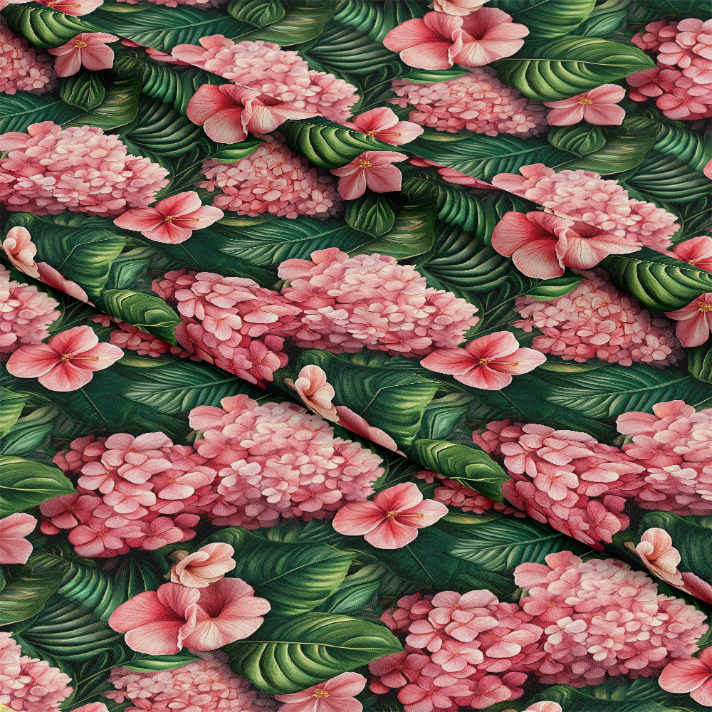 Pink Flowers and Tropical Leaves Pattern 1 Quilting Cotton Fabric