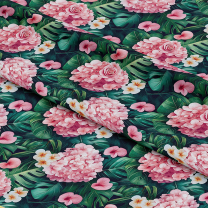 Pink Flowers and Tropical Leaves Pattern 2 Quilting Cotton Fabric