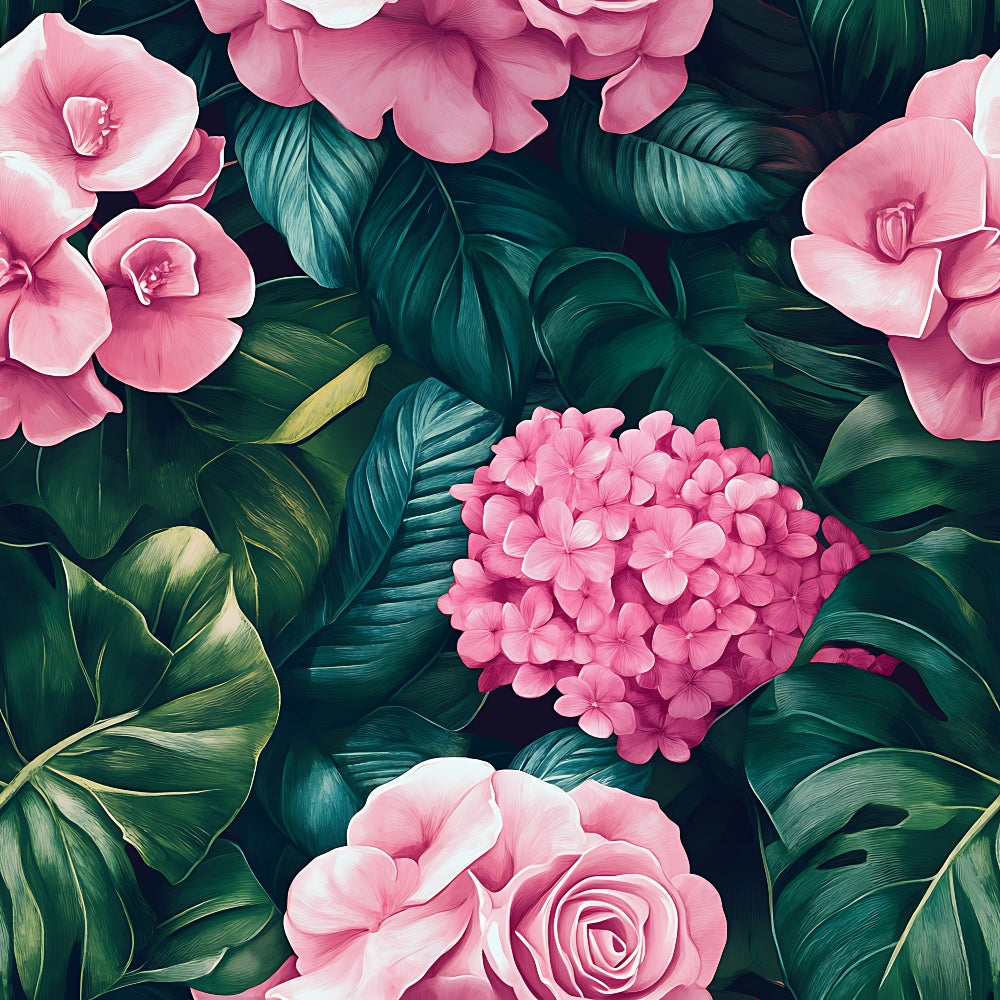 pink flowers, tropical leaves, coral pink, deep green, teal foliage, botanical pattern, hydrangea, roses, magnolia blooms, lush greenery, tropical design, floral motif, quilting cotton, fabric panel, exotic florals, jungle leaves, vibrant pink, emerald green, botanical illustration, tropical paradise