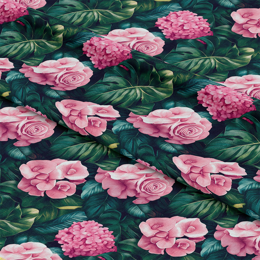 Pink Flowers and Tropical Leaves Pattern 3 Quilting Cotton Fabric