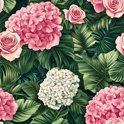 pink flowers, tropical leaves, hydrangeas, roses, white blooms, coral pink, deep green, botanical pattern, floral design, tropical foliage, palm leaves, quilting cotton, fabric panel, romantic florals, garden flowers, lush greenery, nature motifs, flowering clusters, exotic plants, vibrant blooms
