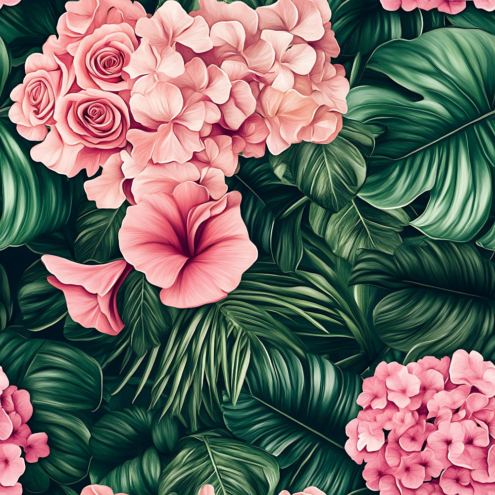 pink flowers, coral roses, hibiscus blooms, tropical leaves, green foliage, palm fronds, botanical pattern, floral design, quilting cotton, fabric panel, tropical theme, summer vibes, nature motifs, romantic florals, lush greenery, exotic plants, garden flowers, tropical paradise, botanical illustration, vibrant colors