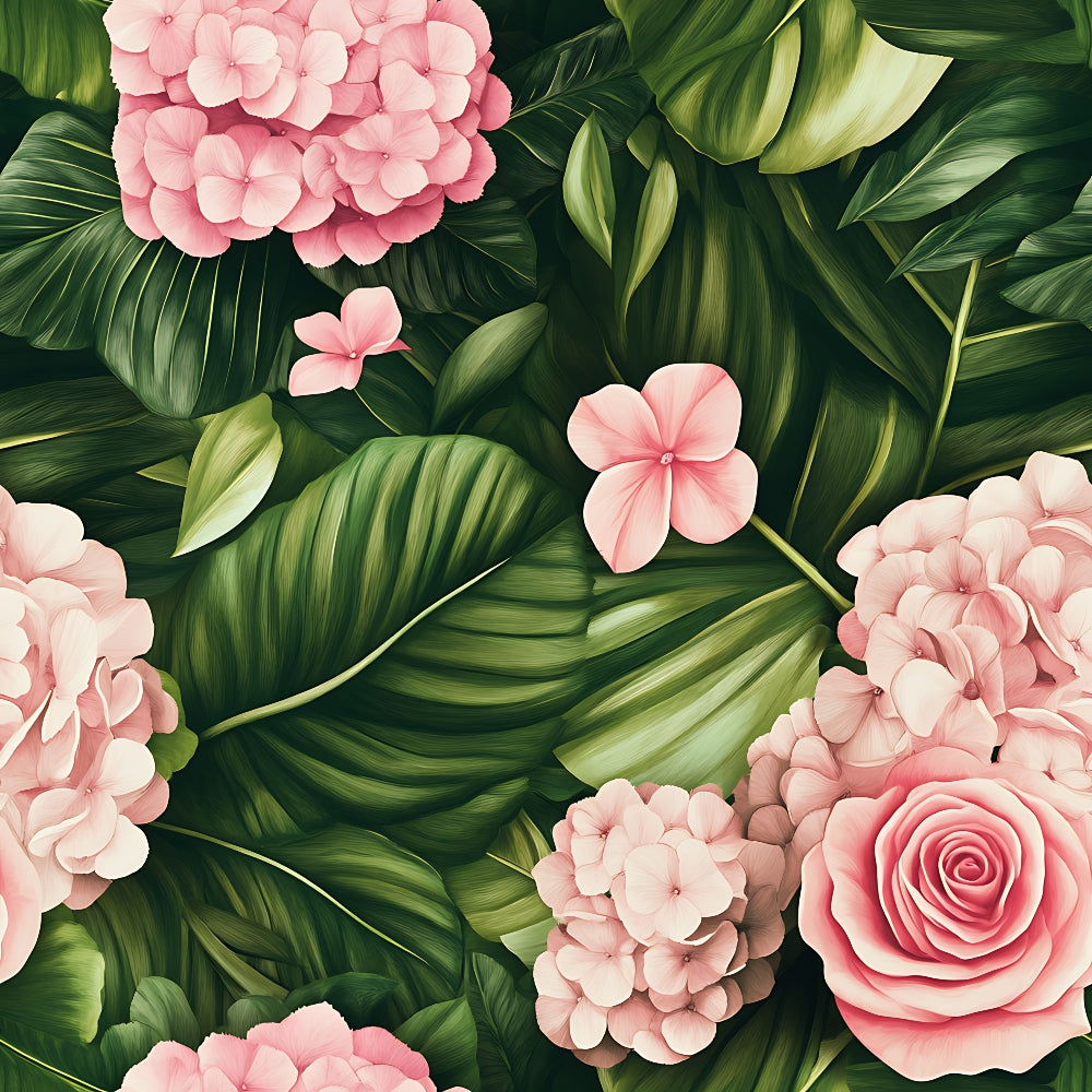 pink flowers, tropical leaves, roses, hydrangeas, coral pink, sage green, forest green, botanical pattern, floral design, quilting cotton, fabric panel, tropical foliage, layered petals, nature motif, garden flowers, lush greenery, romantic florals, spring blooms, botanical illustration, seamless pattern