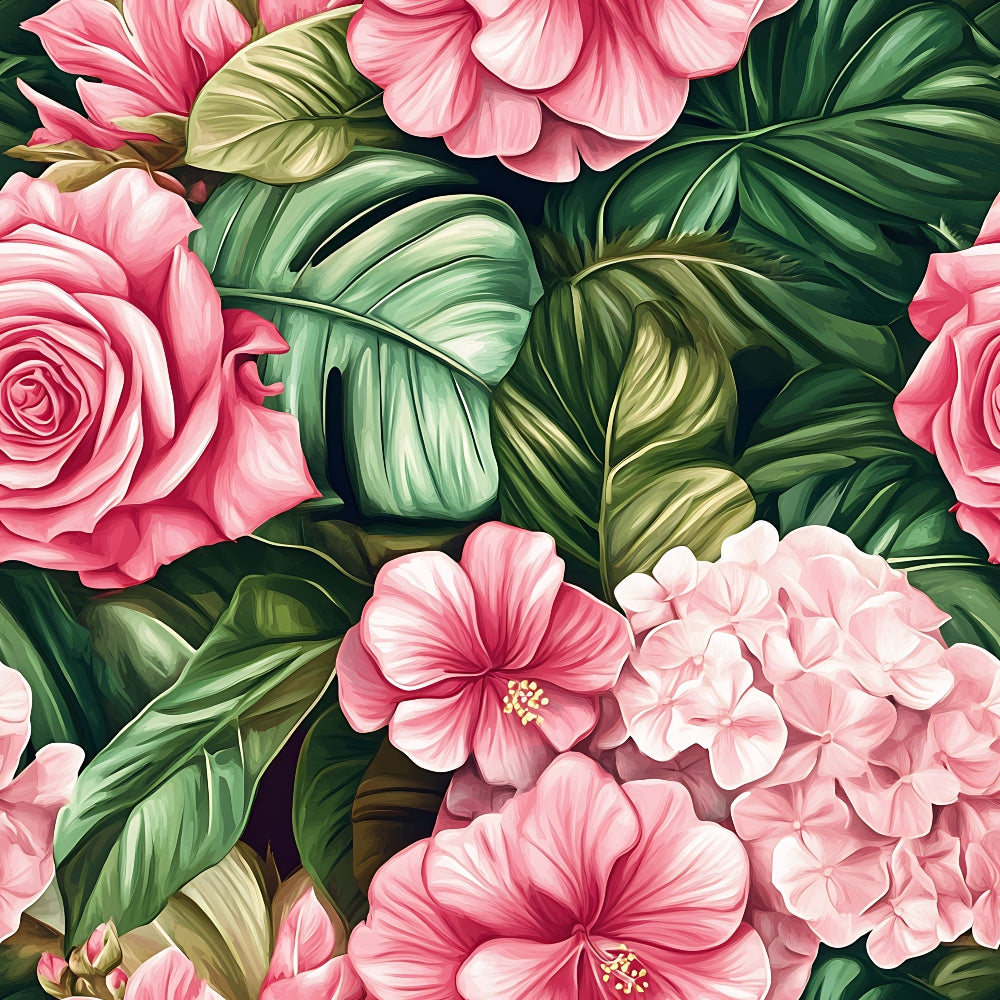 pink flowers, tropical leaves, hibiscus blooms, roses, hydrangea clusters, coral pink, soft pink, emerald green, lime green, botanical pattern, floral design, tropical motif, realistic style, lush foliage, quilting cotton, fabric panel, summer vibes, garden theme, nature pattern, vibrant florals