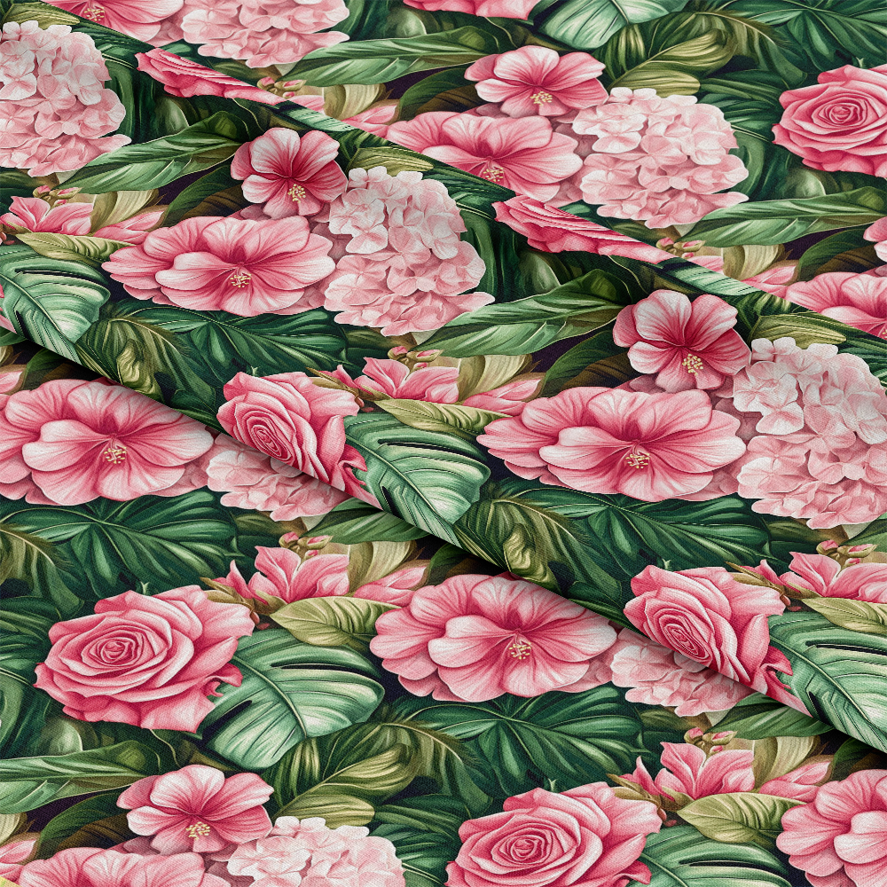 Pink Flowers and Tropical Leaves Pattern 7 Quilting Cotton Fabric