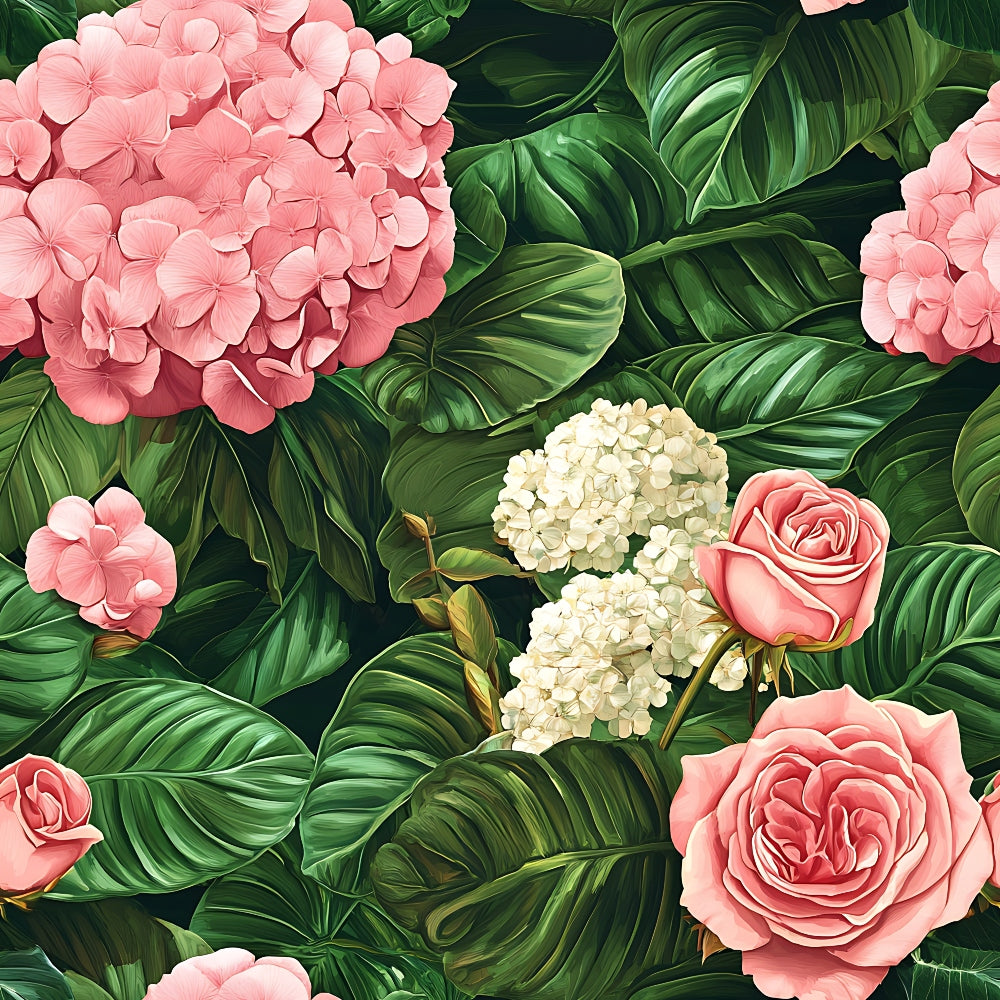 pink flowers, coral roses, white hydrangeas, tropical leaves, green foliage, floral pattern, botanical design, quilting cotton, fabric panel, romantic florals, garden blooms, lush greenery, soft pink, cream white, emerald green, nature motif, flowering vines, tropical botanical, delicate petals, layered blooms