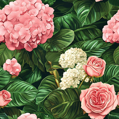 pink flowers, coral roses, white hydrangeas, tropical leaves, green foliage, floral pattern, botanical design, quilting cotton, fabric panel, romantic florals, garden blooms, lush greenery, soft pink, cream white, emerald green, nature motif, flowering vines, tropical botanical, delicate petals, layered blooms