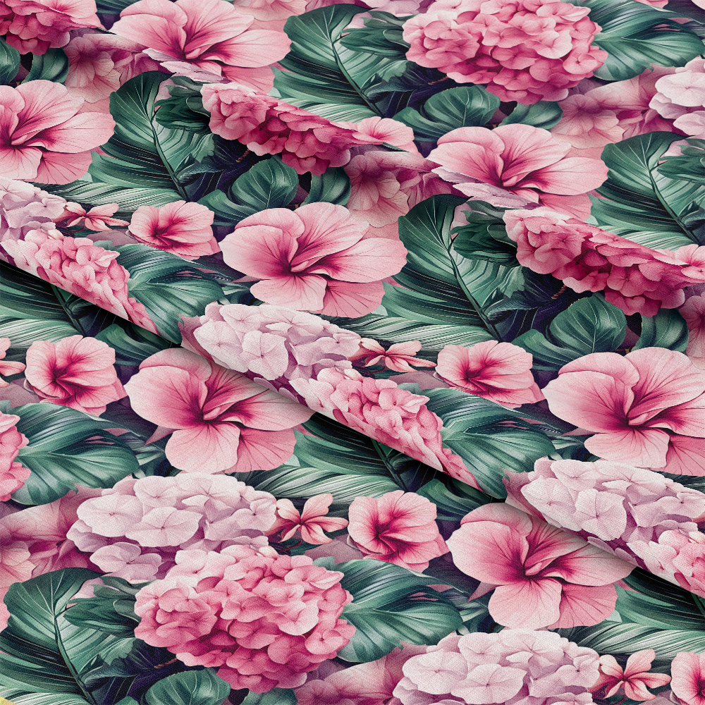 Pink Flowers and Tropical Leaves Pattern 9 Quilting Cotton Fabric
