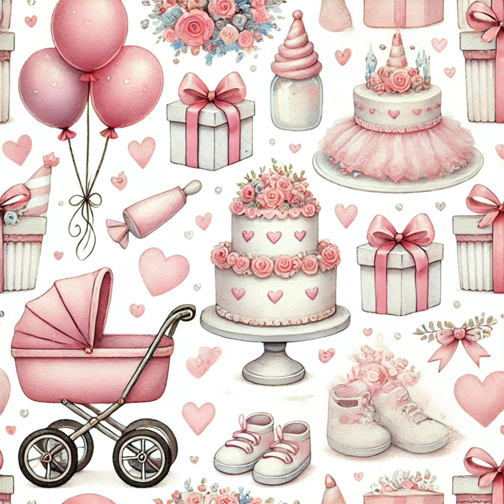 A collage of pink-themed items including balloons, cakes, gifts, a baby stroller, baby shoes, and hearts, arranged on a white background.