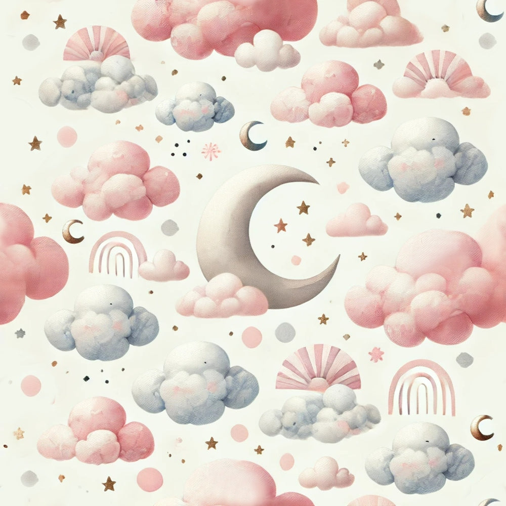 Pattern of pink and gray clouds with crescent moons, stars, and rainbows on a light background.