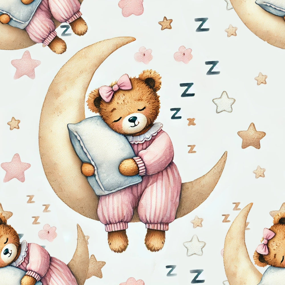 Cute teddy bear in pink pajamas sleeps on a crescent moon, holding a pillow. Surrounded by stars and Z symbols, creating a dreamy atmosphere. Repeated pattern on a light background.