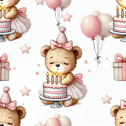 Illustration of a teddy bear in a tutu and party hat with a birthday cake. The scene includes balloons, stars, and a gift box, all in pink and beige tones, repeated in a pattern.