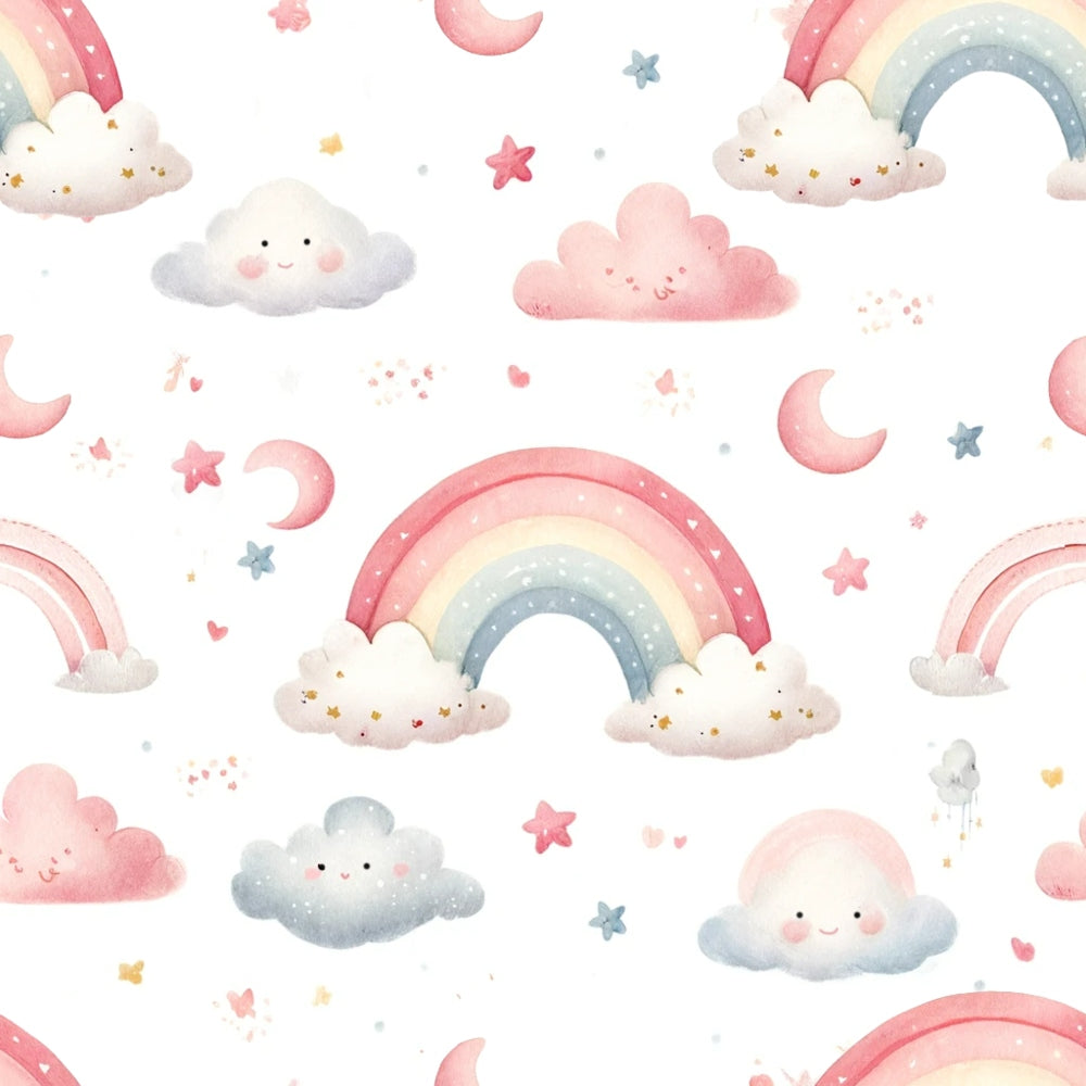 Seamless pattern of playful pink and blue clouds, rainbows, stars, and moons with smiling faces on a white background.