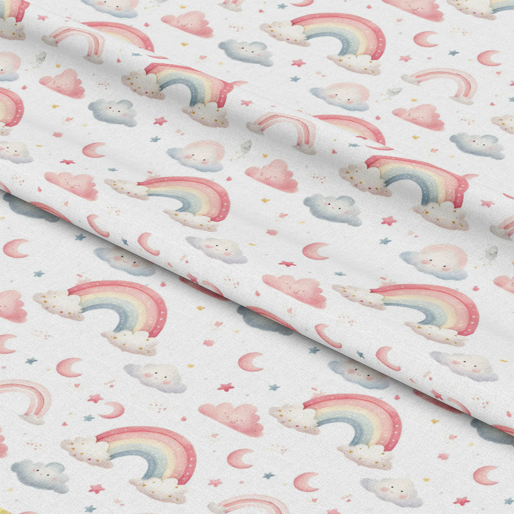 - Pink Teddy Bears Pattern 4 Quilting Cotton Fabric  
- Soft pastel colors  
- Rainbows  
- Clouds  
- Stars  
- Moons  
- Cute whimsical design  
- Baby blue  
- Light pink  
- Cream background  
- Cotton textile  
- Sew quilting material  
- Playful nursery print