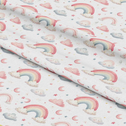 - Pink Teddy Bears Pattern 4 Quilting Cotton Fabric  
- Soft pastel colors  
- Rainbows  
- Clouds  
- Stars  
- Moons  
- Cute whimsical design  
- Baby blue  
- Light pink  
- Cream background  
- Cotton textile  
- Sew quilting material  
- Playful nursery print