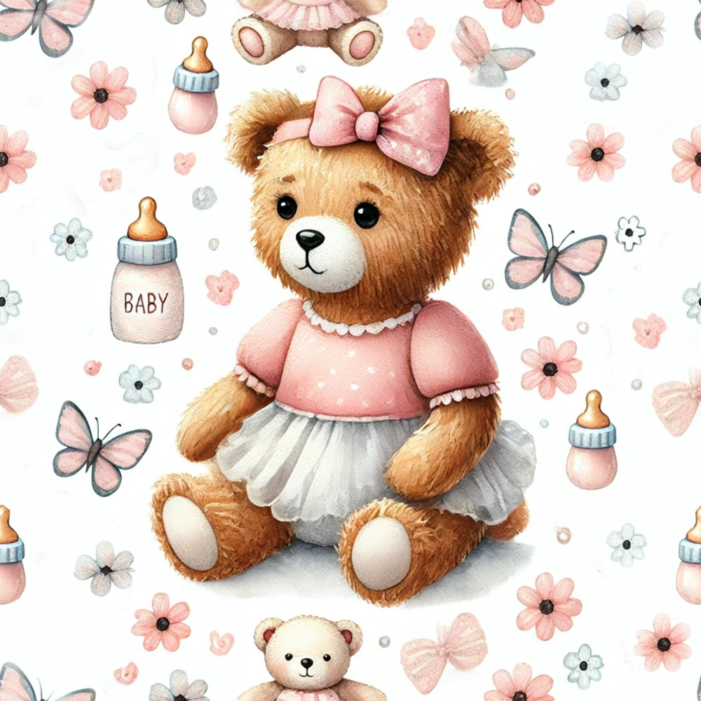 Illustration of a teddy bear in a pink dress with a bow, surrounded by baby bottles, butterflies, and flowers on a white background.