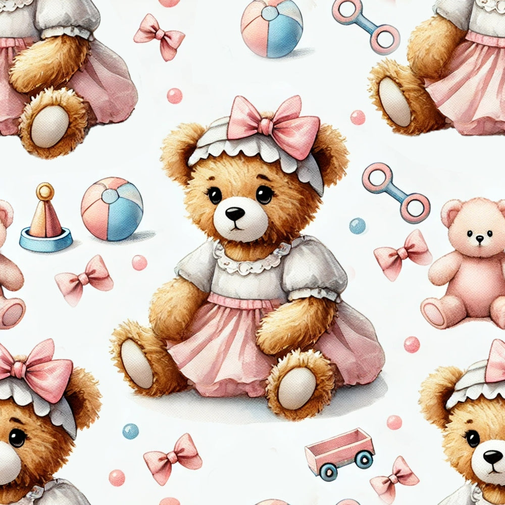 Pattern with teddy bears in pink dresses, toy balls, bows, and rattles on a white background.