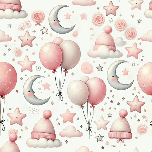 Whimsical pattern with pink balloons, crescent moons, stars, clouds, and winter hats with pom-poms on a white background.