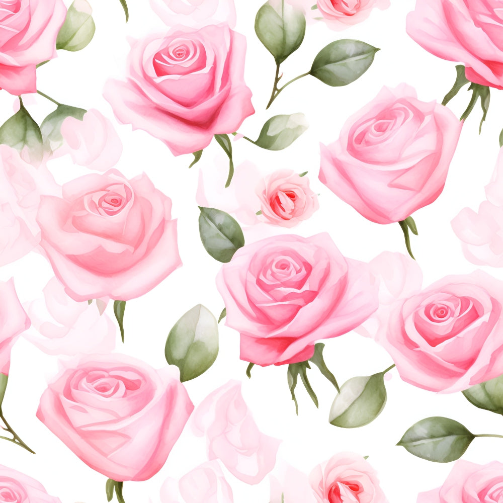 Pattern of pink roses with green leaves on a white background.