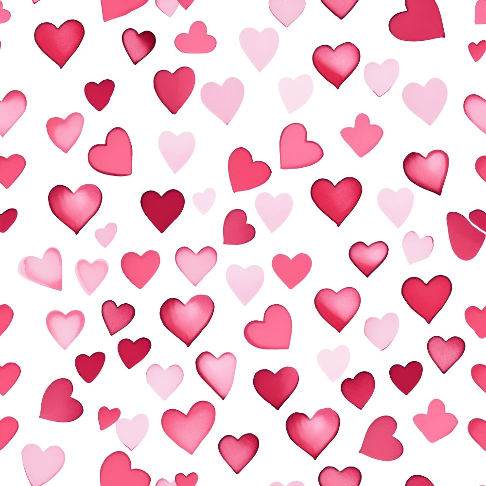 A pattern of pink and red hearts of varying sizes scattered on a white background.