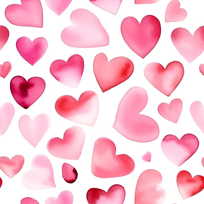 A pattern of watercolor hearts in various shades of pink and red on a white background.