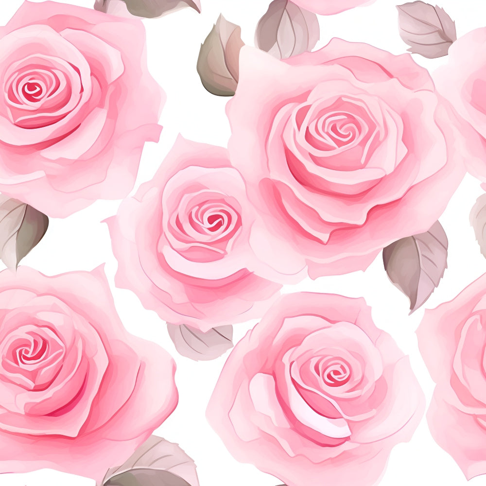 Illustration of pink roses with soft petals and green leaves on a white background.