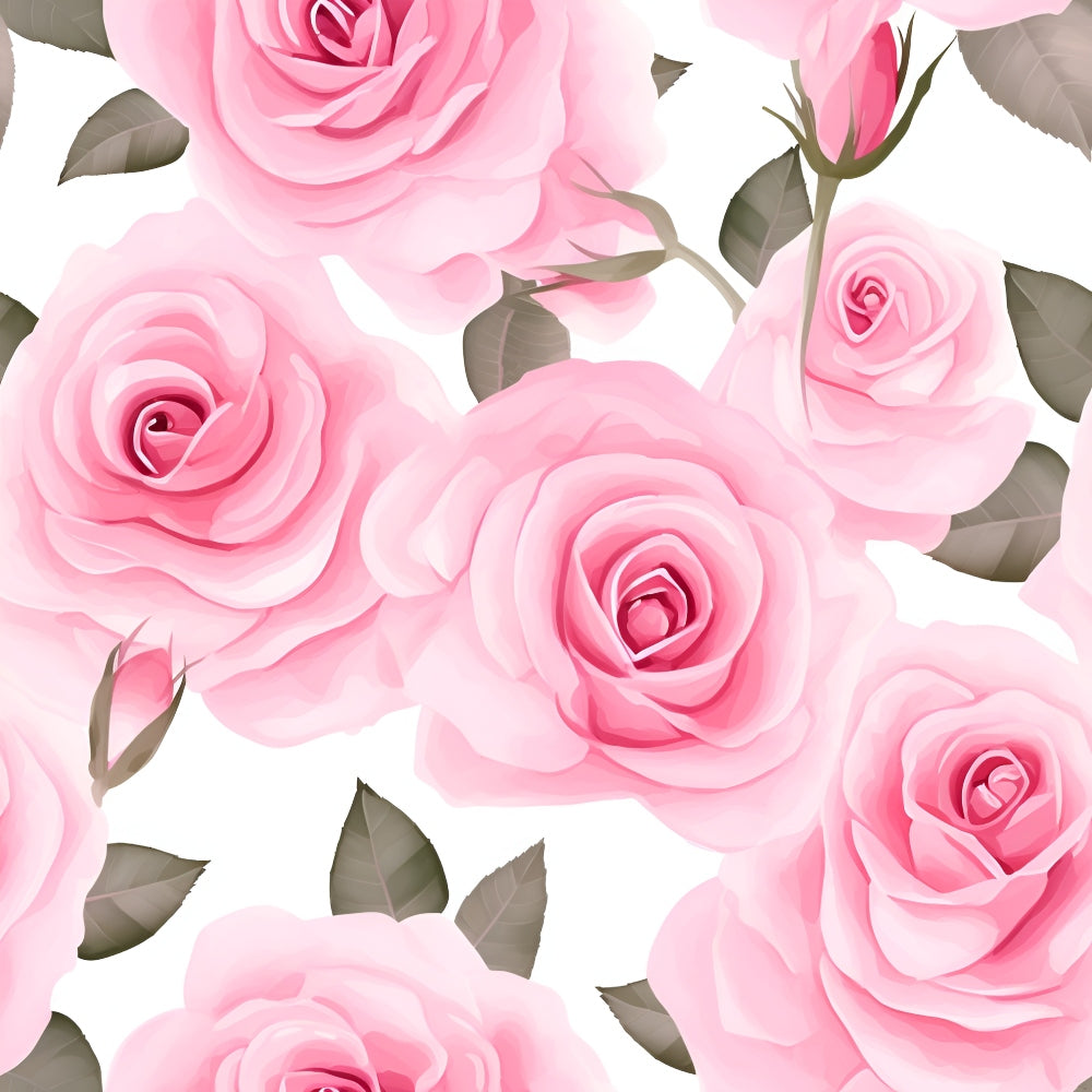 Illustration of pink roses with green leaves on a white background.