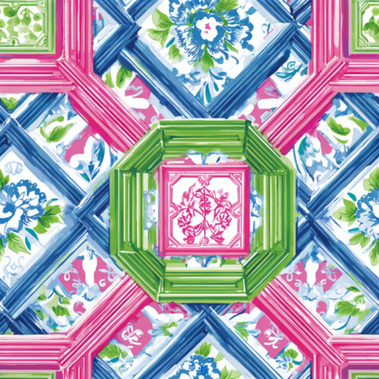 Pink Chinoiserie Mahjong Pattern 5 Quilting Cotton Fabric