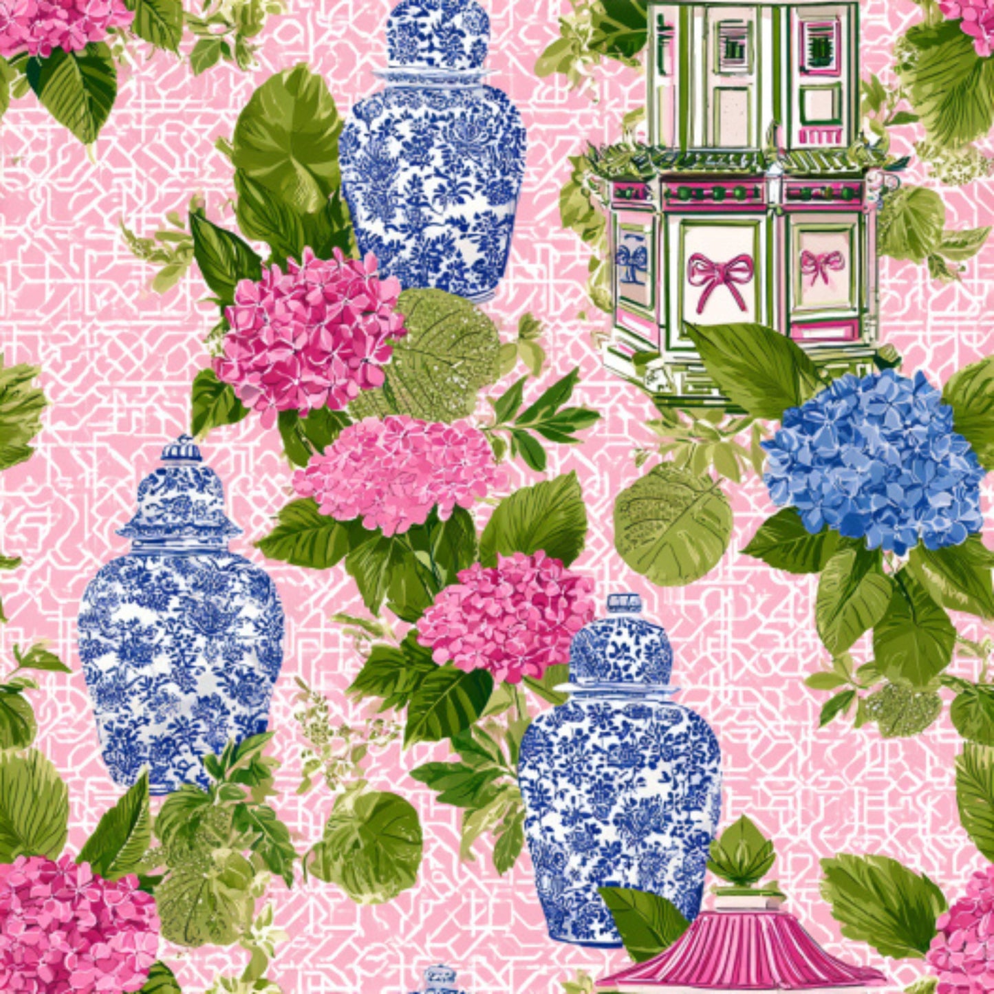 Pink Chinoiserie Mahjong Pattern 9 Quilting Cotton Fabric