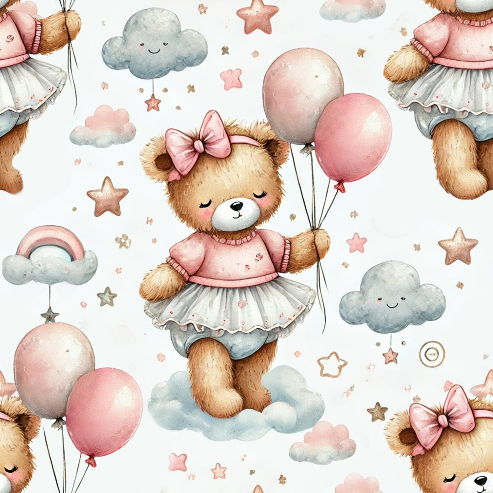 Illustration of teddy bears in pink dresses and bows holding balloons, surrounded by clouds and stars on a light background.