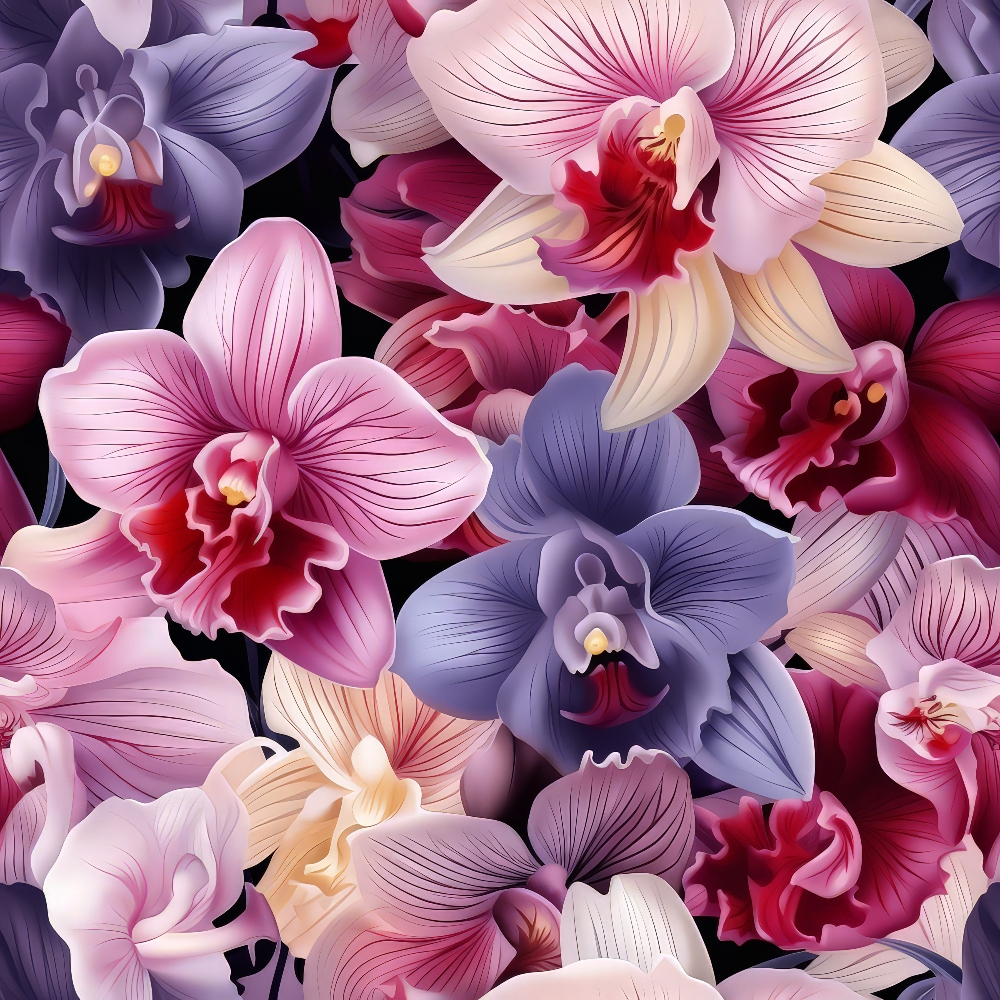 Vibrant illustration of various orchids in purple, pink, and cream hues, featuring intricate petal details against a dark background.