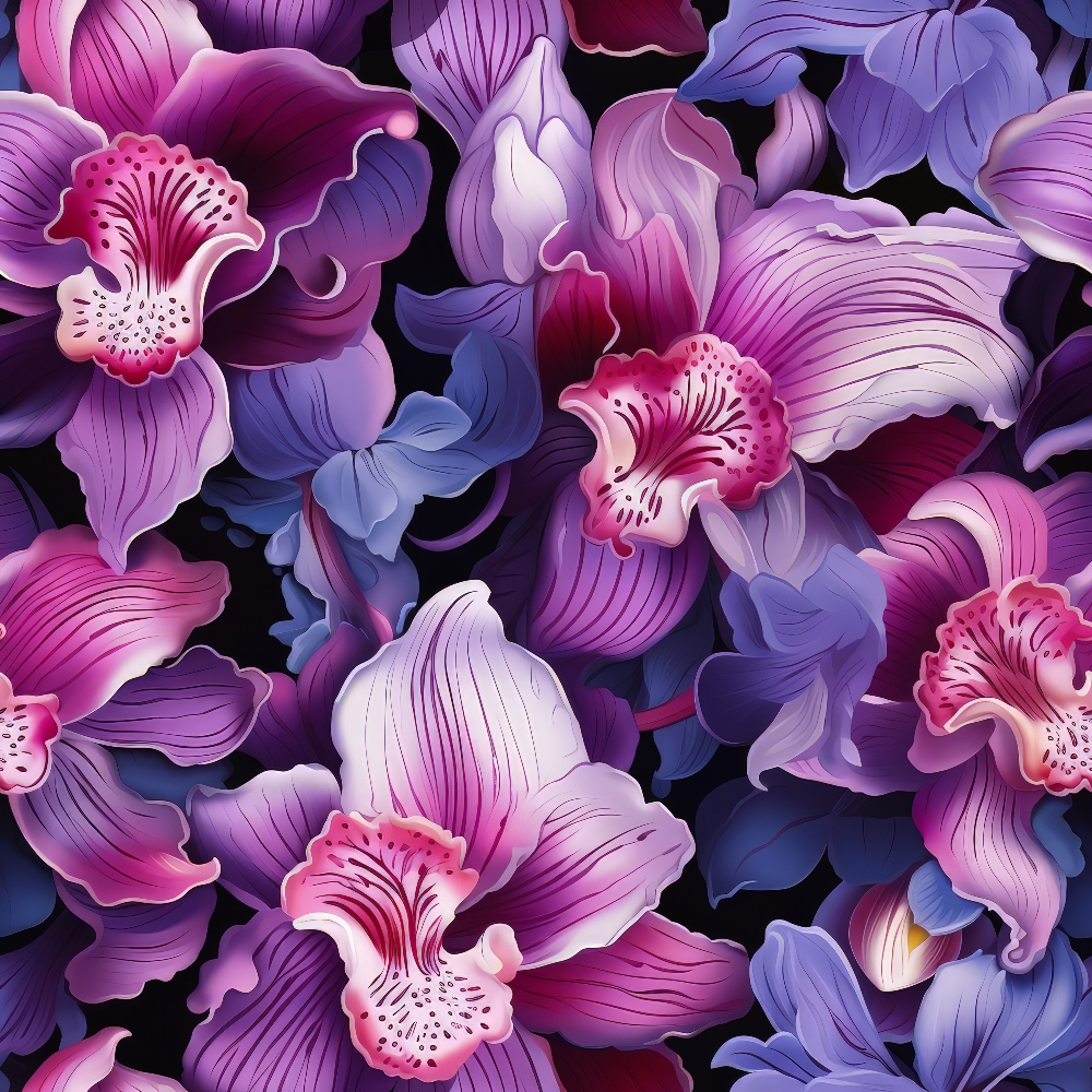 A vibrant pattern of purple and pink orchids with detailed petals on a dark background.