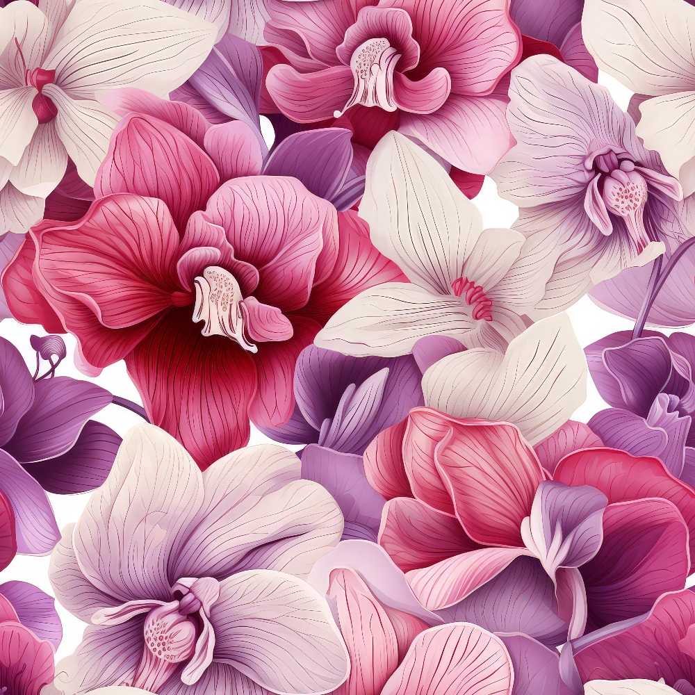 Colorful floral pattern with pink, purple, and white orchids in full bloom, arranged densely against a white background.