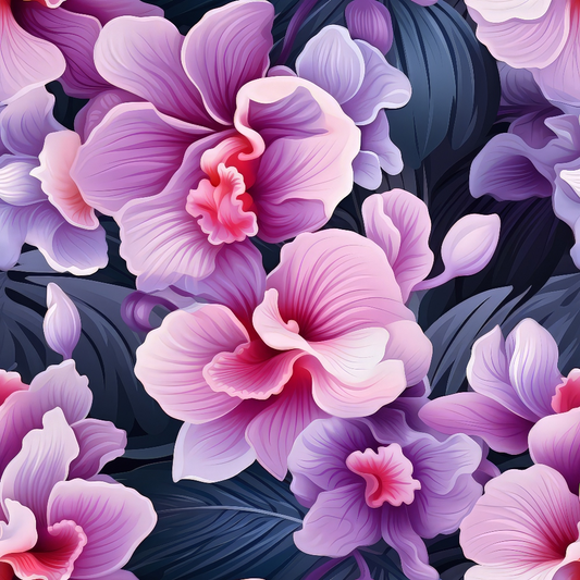 Illustration of pink and purple orchids with detailed petals and dark leaves in the background.