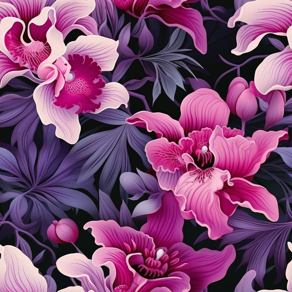 Illustration of pink and purple orchids with lush leaves on a dark background.