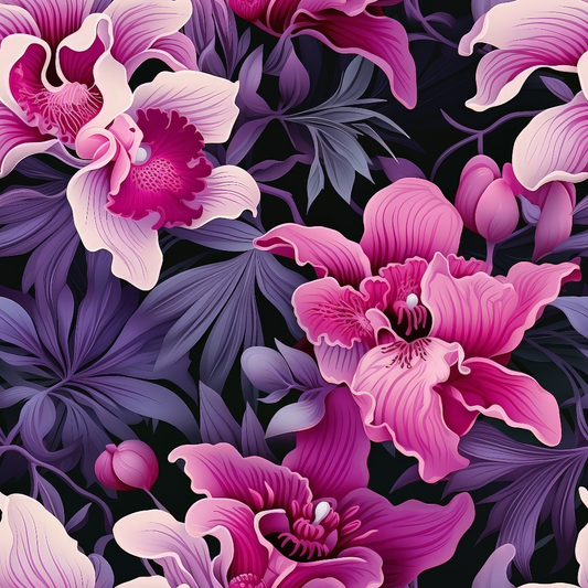 Illustration of pink and purple orchids with lush leaves on a dark background.