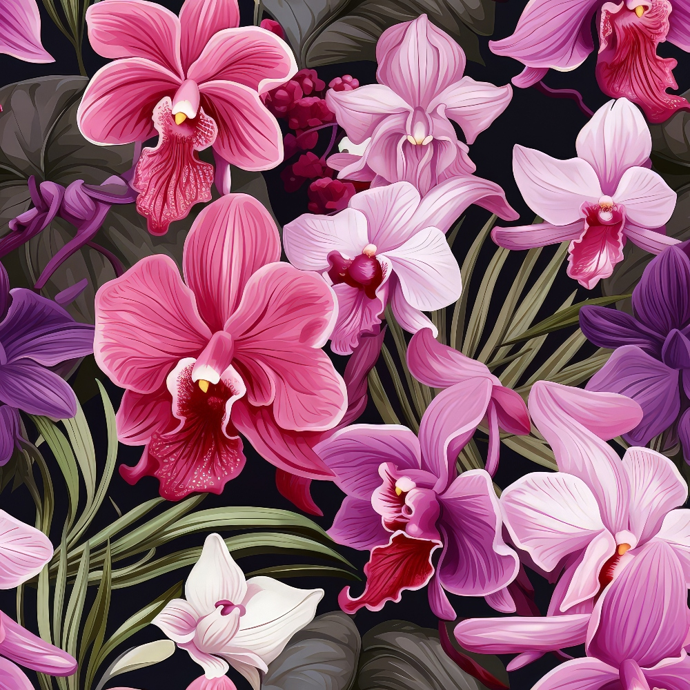 Illustration of pink and purple orchids with green leaves against a dark background.