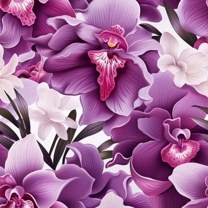 Illustration of vibrant purple and white orchids with lush petals overlapping against a white background.