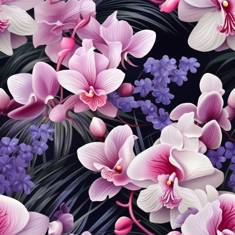 Orchids and purple flowers with green leaves on a dark background.