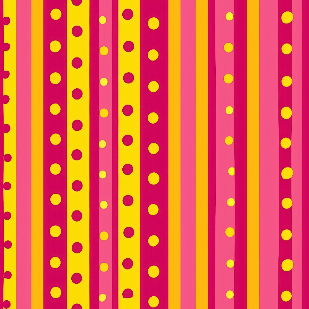 Vertical stripes in red, pink, and yellow with scattered yellow dots.