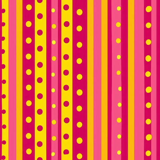 Vertical stripes in red, pink, and yellow with scattered yellow dots.