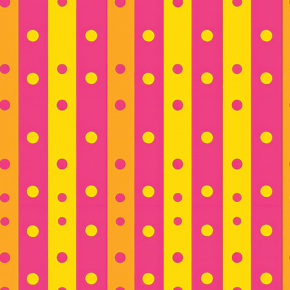 A pattern with vertical stripes in magenta and orange, featuring evenly spaced yellow dots.