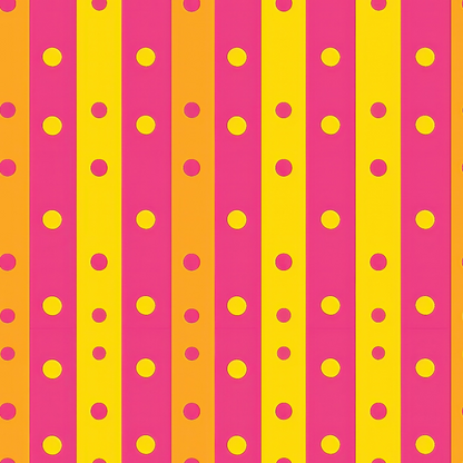 A pattern with vertical stripes in magenta and orange, featuring evenly spaced yellow dots.