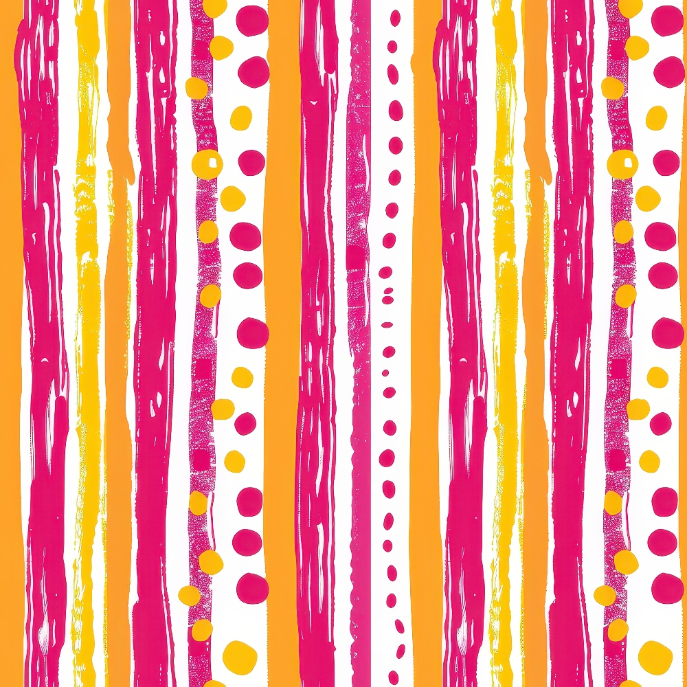 Vertical stripes of pink and orange with dots on a white background.