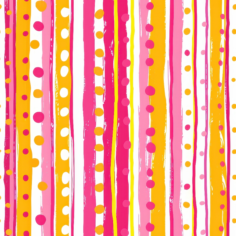 Vertical stripes in orange, pink, and white with scattered polka dots in various sizes and colors on a white background.