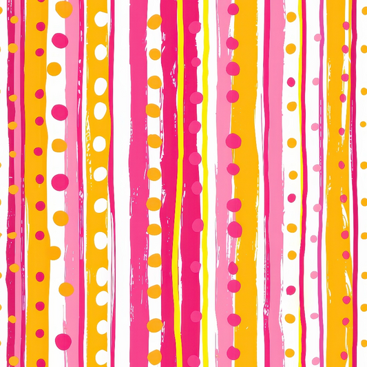 Vertical stripes in orange, pink, and white with scattered polka dots in various sizes and colors on a white background.