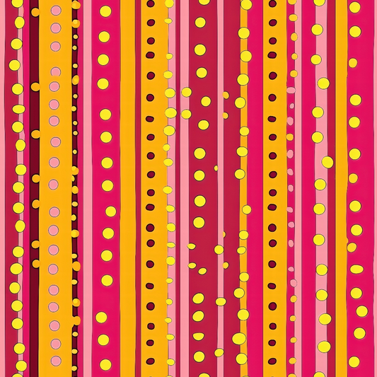 Vertical stripes in pink, red, and orange with evenly spaced yellow dots.